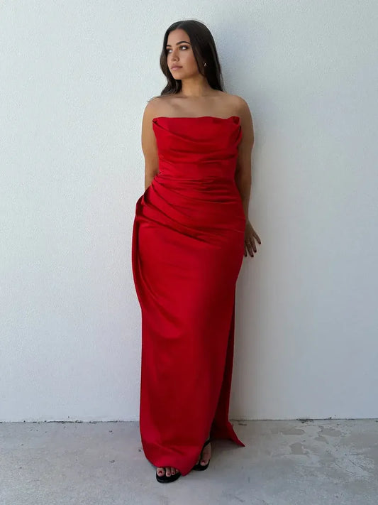 Quyihu Dress Strapless Sleeveless Red Floor-length Ball Gown Prom Dress