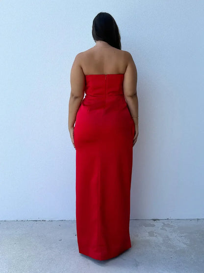Quyihu Dress Strapless Sleeveless Red Floor-length Ball Gown Prom Dress