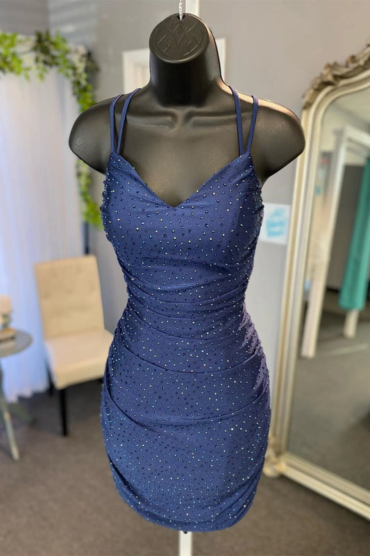 Quyihu Dress Spaghetti Straps Navy Blue Beaded Bodycon Short Dress Homecoming Dress