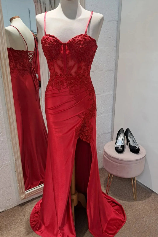Quyihu Dress Sweetheart Red Appliques Long Dress with Slit Prom Dress