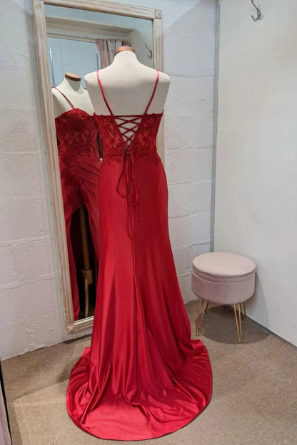 Quyihu Dress Sweetheart Red Appliques Long Dress with Slit Prom Dress