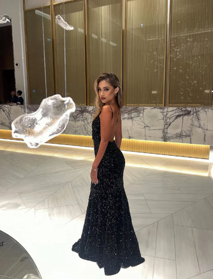 Quyihu Dress Unique Mermaid Spaghetti Strap Black Sequin Open Back Long Sweep Prom Dress Sleeveless Party Dress