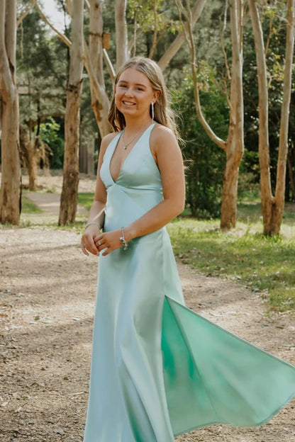 Quyihu Dress V-neck Aqua Ruched A-line Long Dress with Slit Prom Dress
