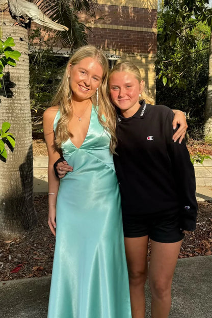 Quyihu Dress V-neck Aqua Ruched A-line Long Dress with Slit Prom Dress