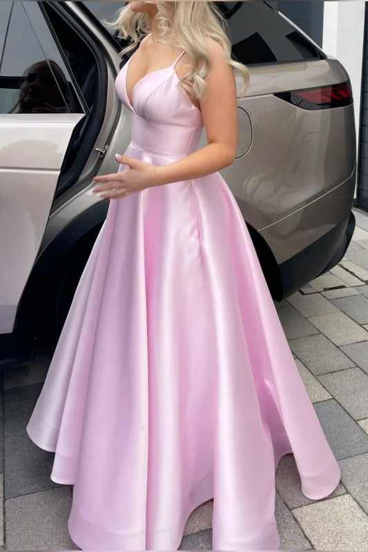 Quyihu Dress V-neck Pink High Waist A-line Long Dress Prom Dress