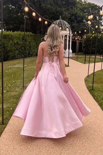 Quyihu Dress V-neck Pink High Waist A-line Long Dress Prom Dress