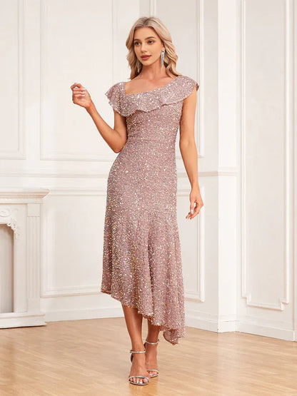Quyihu Dress Versatile Shimmering Asymmetrical Cap Sleeve Sheath Midi Evening Dress Sparkling Elegant Prom Dress