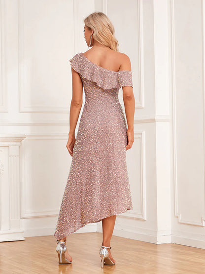 Quyihu Dress Versatile Shimmering Asymmetrical Cap Sleeve Sheath Midi Evening Dress Sparkling Elegant Prom Dress