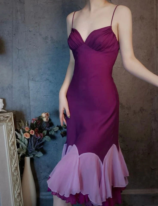 Quyihu Dress Vintage Mermaid Spaghetti Strap Purple Chiffon Short Homecoming Dress Sleeveless Prom Dress