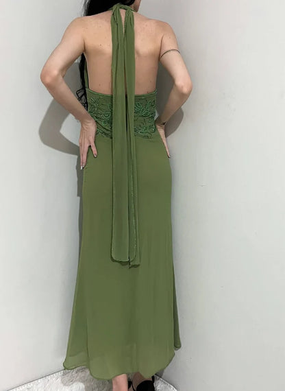 Quyihu Dress Vintage Sheath Halter Green Beaded Chiffon Open Back Evening Dress Sleeveless Prom Dress