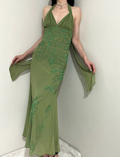 Quyihu Dress Vintage Sheath Halter Green Beaded Chiffon Open Back Evening Dress Sleeveless Prom Dress