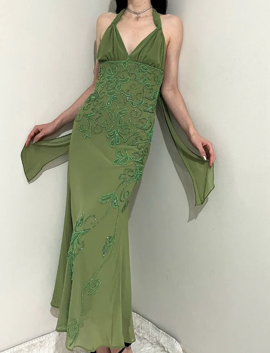 Quyihu Dress Vintage Sheath Halter Green Beaded Chiffon Open Back Evening Dress Sleeveless Prom Dress