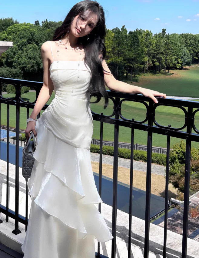 Quyihu Dress White Spaghetti Straps Enchanted Prom Dress For Party&Graduation Ruffled Layered Fairytale Birthday Evening Dress