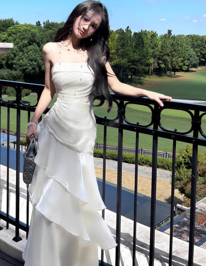 Quyihu Dress White Spaghetti Straps Enchanted Prom Dress For Party&Graduation Ruffled Layered Fairytale Birthday Evening Dress