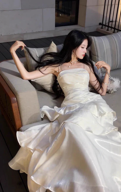 Quyihu Dress White Spaghetti Straps Enchanted Prom Dress For Party&Graduation Ruffled Layered Fairytale Birthday Evening Dress