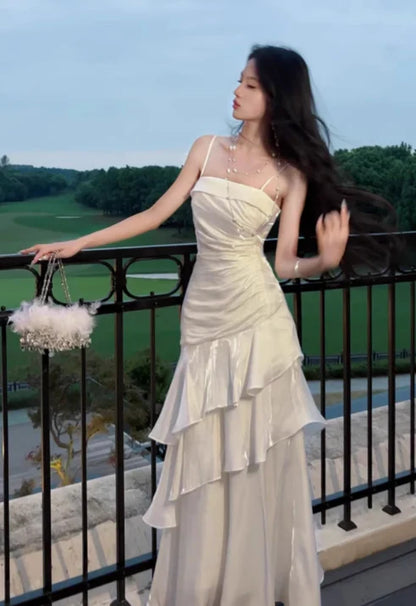 Quyihu Dress White Spaghetti Straps Enchanted Prom Dress For Party&Graduation Ruffled Layered Fairytale Birthday Evening Dress