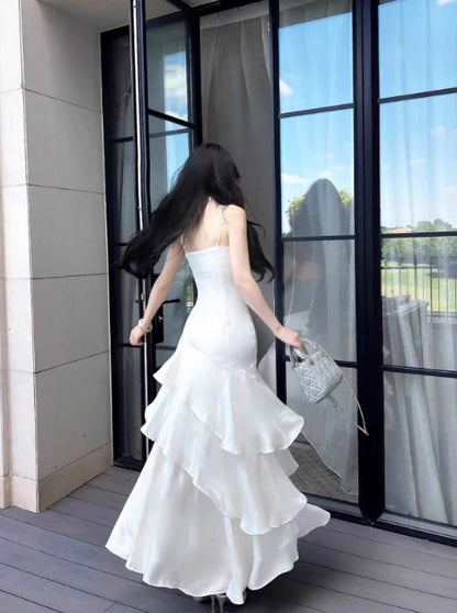 Quyihu Dress White Spaghetti Straps Enchanted Prom Dress For Party&Graduation Ruffled Layered Fairytale Birthday Evening Dress