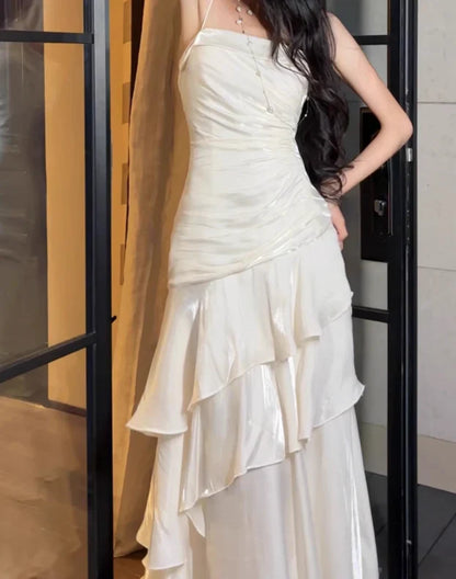 Quyihu Dress White Spaghetti Straps Enchanted Prom Dress For Party&Graduation Ruffled Layered Fairytale Birthday Evening Dress