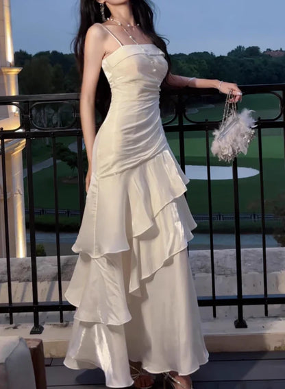 Quyihu Dress White Spaghetti Straps Enchanted Prom Dress For Party&Graduation Ruffled Layered Fairytale Birthday Evening Dress
