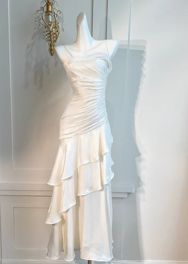 Quyihu Dress White Spaghetti Straps Enchanted Prom Dress For Party&Graduation Ruffled Layered Fairytale Birthday Evening Dress