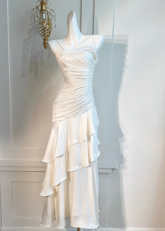 Quyihu Dress White Spaghetti Straps Enchanted Prom Dress For Party&Graduation Ruffled Layered Fairytale Birthday Evening Dress