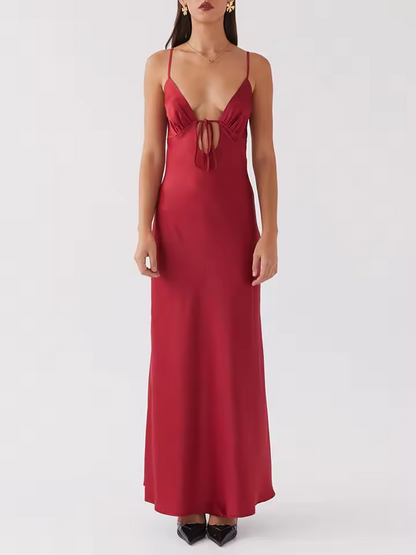Quyihu Dress Women Satin Maxi Dress Spaghetti Strap Solid V Neck Cutout Long Dress Bodycon Backless Party Prom Dress