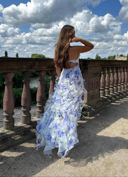 Quyihu Dress Women's Sexy V Neck Sleeveless Bodycon Backless Floral Print Long Dress Evening Summer Blue Prom Dress