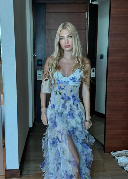 Quyihu Dress Women's Sexy V Neck Sleeveless Bodycon Backless Floral Print Long Dress Evening Summer Blue Prom Dress