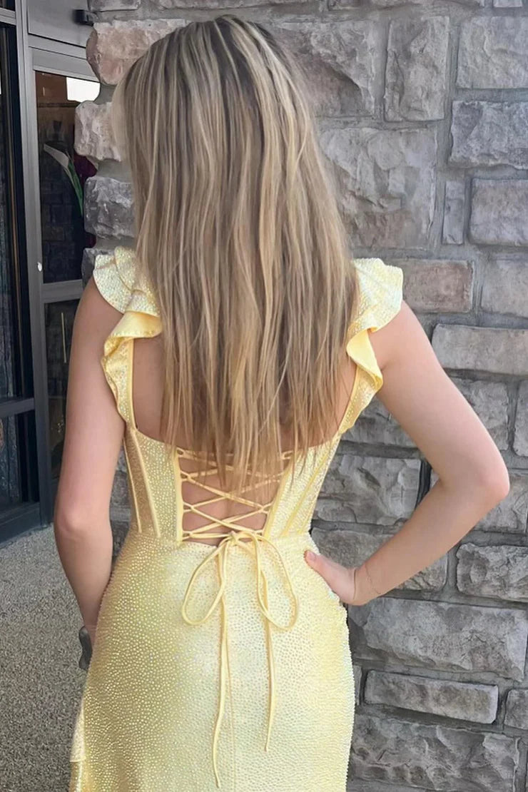 Quyihu Dress Yellow Cute Sheath V Neck Satin Beaded Mermaid Prom Dresses