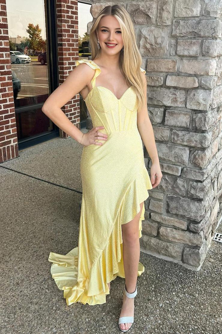 Quyihu Dress Yellow Cute Sheath V Neck Satin Beaded Mermaid Prom Dresses
