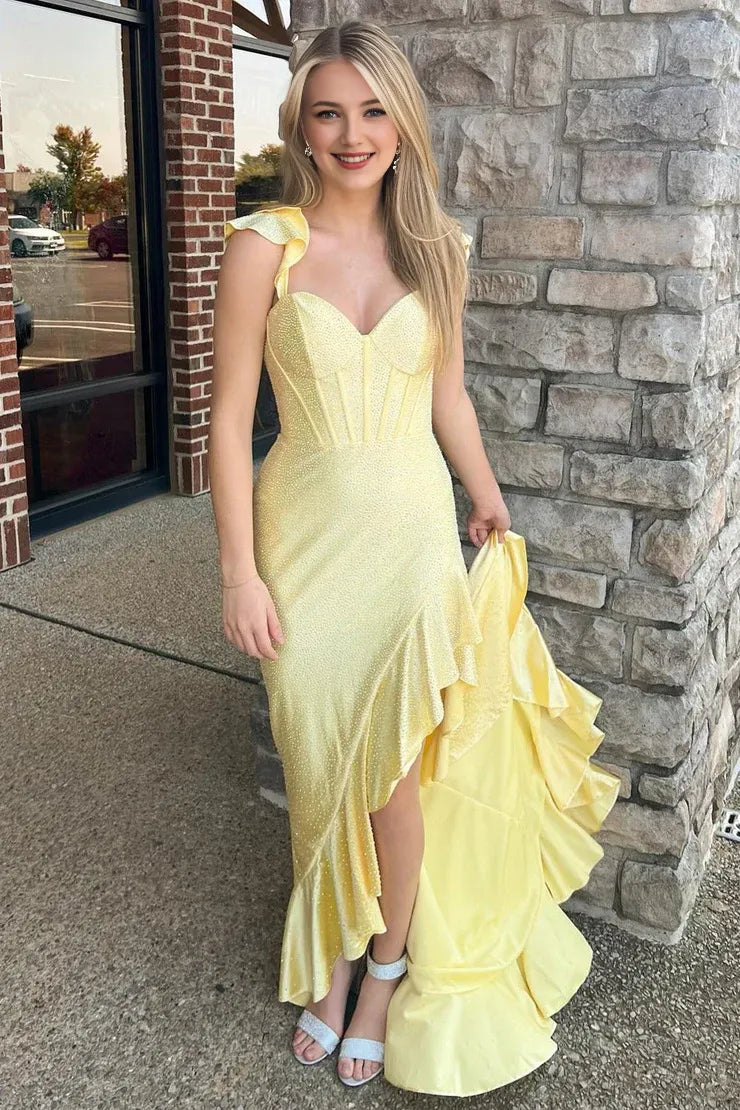 Quyihu Dress Yellow Cute Sheath V Neck Satin Beaded Mermaid Prom Dresses