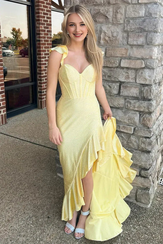 Quyihu Dress Yellow Cute Sheath V Neck Satin Beaded Mermaid Prom Dresses