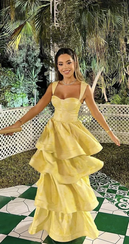 Quyihu Dress Yellow Layered Satin Long A Line Prom Dress Floor Length Sleeveless Evening Dress