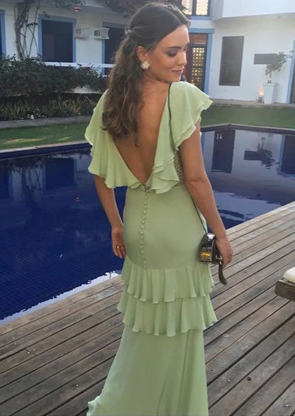 Quyihu Prom Clothing Elegant Light Green Backless A-Line Ruffles Prom Dress Evening Party Dress