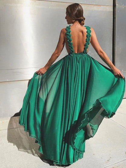 Quyihu Prom Clothing Green Plain Backless Long A-line Chiffon Prom Dress