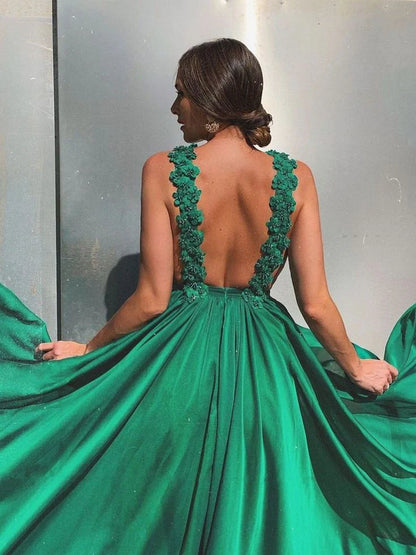 Quyihu Prom Clothing Green Plain Backless Long A-line Chiffon Prom Dress