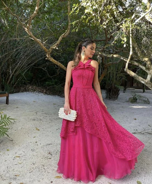 Quyihu Prom Clothing Hot Pink Sleeveless A-Line Tulle Lace Long Prom Dress Party Dress