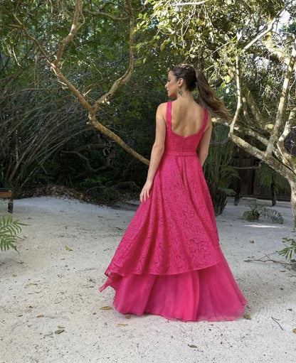 Quyihu Prom Clothing Hot Pink Sleeveless A-Line Tulle Lace Long Prom Dress Party Dress