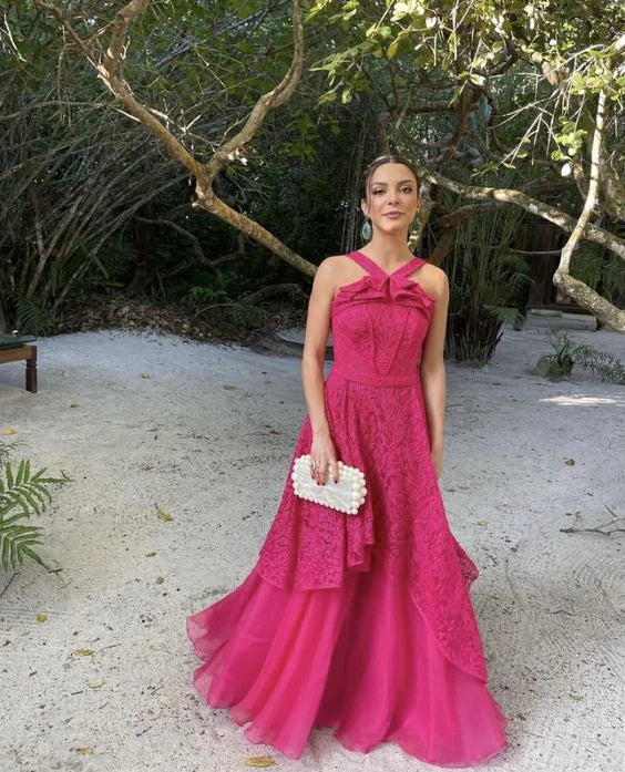 Quyihu Prom Clothing Hot Pink Sleeveless A-Line Tulle Lace Long Prom Dress Party Dress