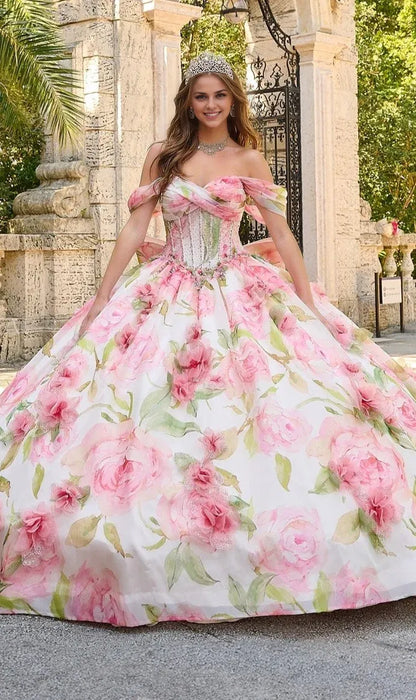 Quyihu Quinceanera Dress Floral Print Tulle Off The Shoulder A-line Ball Gown With Sweetheart Neckline And Bow Detail Formal Wear Dresses