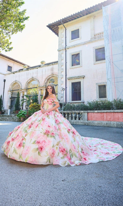 Quyihu Quinceanera Dress Floral Print Tulle Off The Shoulder A-line Ball Gown With Sweetheart Neckline And Bow Detail Formal Wear Dresses