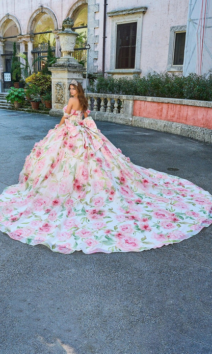 Quyihu Quinceanera Dress Floral Print Tulle Off The Shoulder A-line Ball Gown With Sweetheart Neckline And Bow Detail Formal Wear Dresses