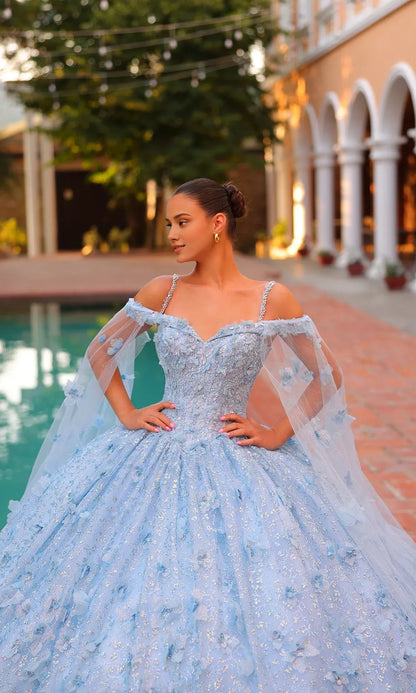 Quyihu Quinceanera Dress Long Pastel Off The Shoulder Ball Gown With 3d Floral Details And Sheer Cape Sleeves Formal Wear Dresses