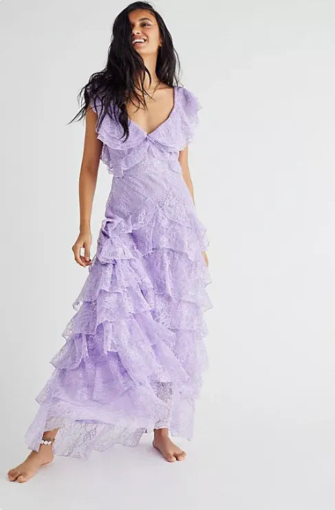 Quyihu Dress Lilac Long Prom Dress Layed Lace V Neck Floor Length V Back Evening Dress