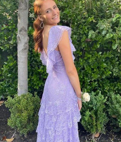Quyihu Dress Lilac Long Prom Dress Layed Lace V Neck Floor Length V Back Evening Dress