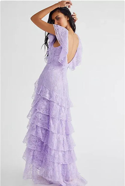 Quyihu Dress Lilac Long Prom Dress Layed Lace V Neck Floor Length V Back Evening Dress