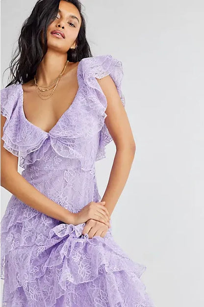 Quyihu Dress Lilac Long Prom Dress Layed Lace V Neck Floor Length V Back Evening Dress
