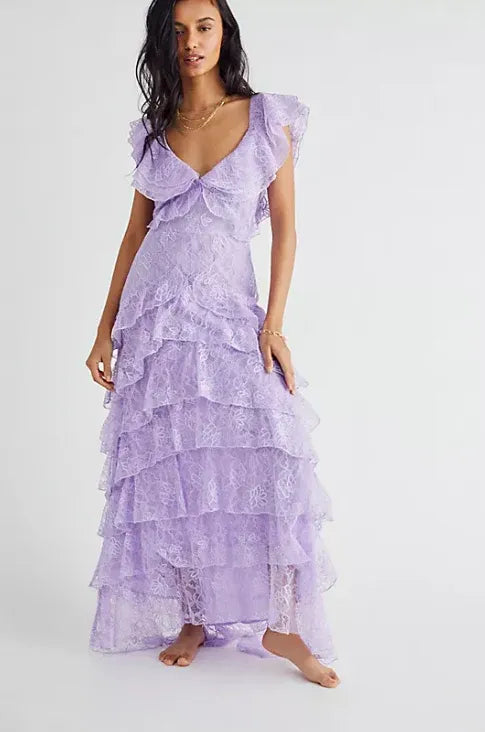 Quyihu Dress Lilac Long Prom Dress Layed Lace V Neck Floor Length V Back Evening Dress