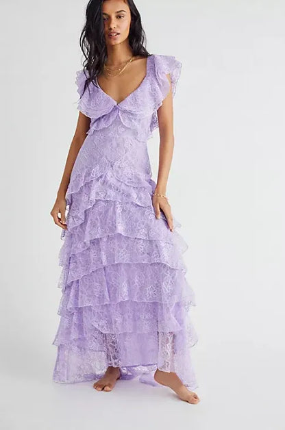 Quyihu Dress Lilac Long Prom Dress Layed Lace V Neck Floor Length V Back Evening Dress