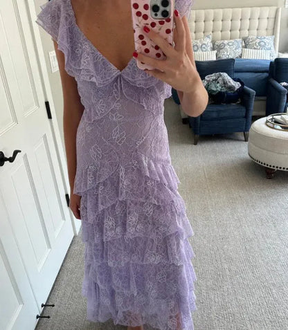 Quyihu Dress Lilac Long Prom Dress Layed Lace V Neck Floor Length V Back Evening Dress